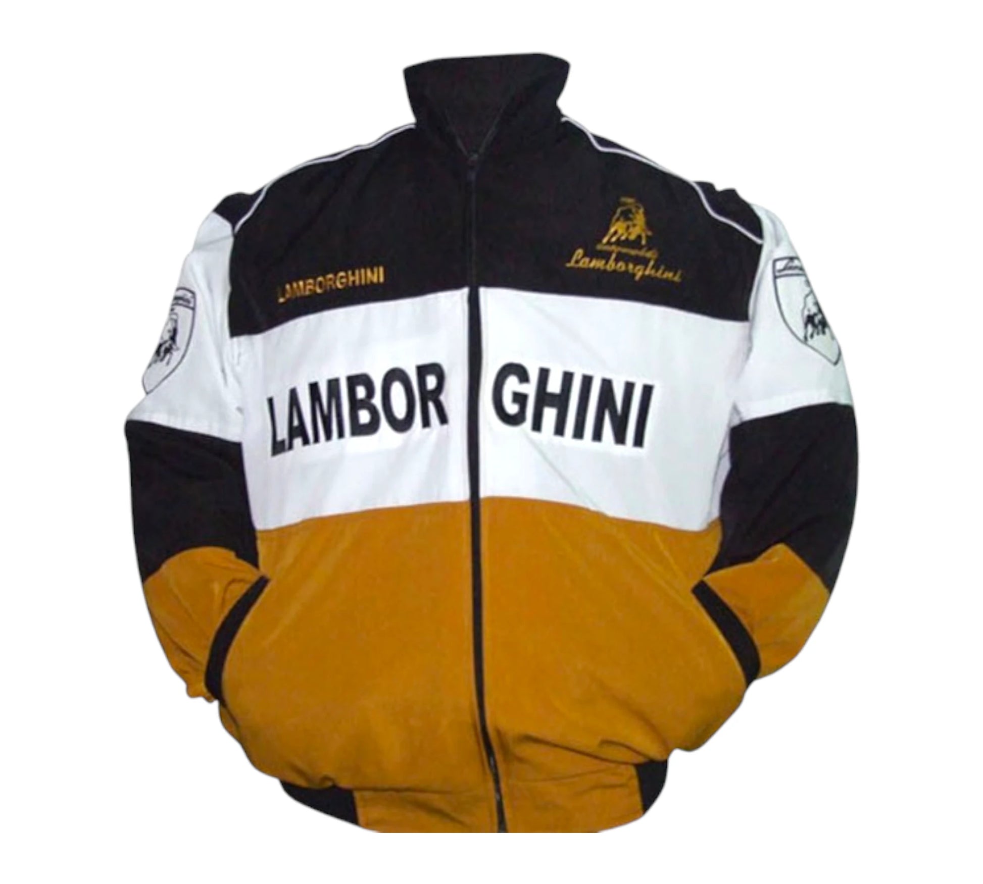 Lamborghini jacket with black, white, and gold colors on a white background