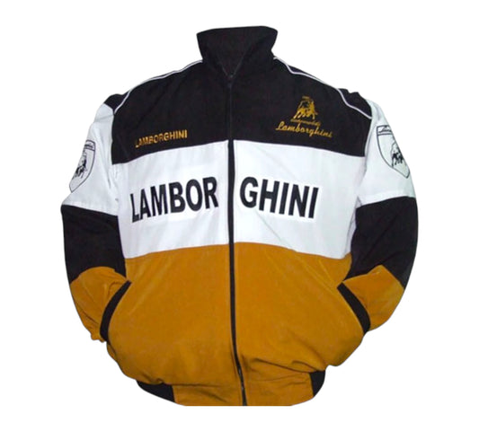 Lamborghini jacket with black, white, and gold colors on a white background