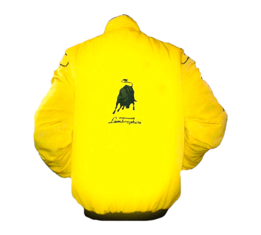 Yellow jacket with a black bull logo on the back against a white background