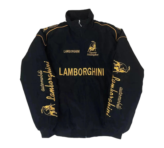 Black Lamborghini jacket with gold logos and text on a white background