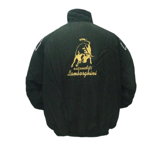 Black jacket with Lamborghini logo on the back against a white background