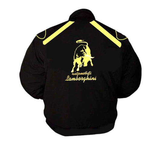 Black jacket with yellow Lamborghini logo on a white background