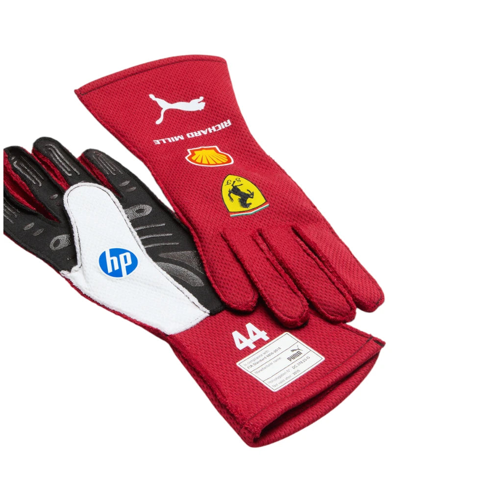 Red racing gloves with visible branding on a white background