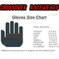 Gloves size chart from Crossover Racewears with a hand illustration and measurement guide.