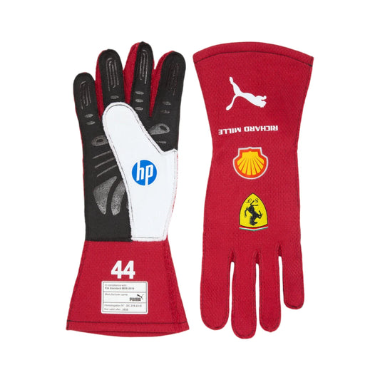 Red and black racing gloves with sponsor logos on a white background