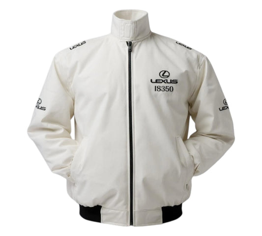 White Lexus jacket with branding on a white background