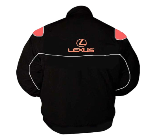Black jacket with Lexus logo on the back against a white background