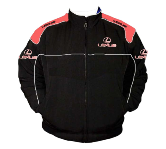 Black jacket with red and white accents featuring Lexus logos on a white background