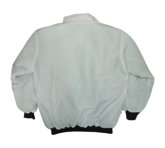 Light gray jacket with black cuffs and hem on a white background