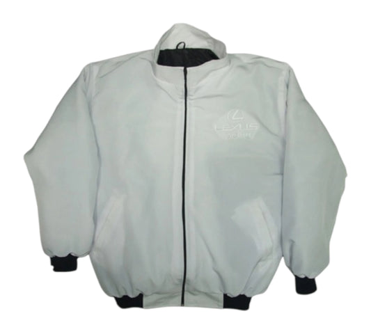 Light gray jacket with black accents on a white background