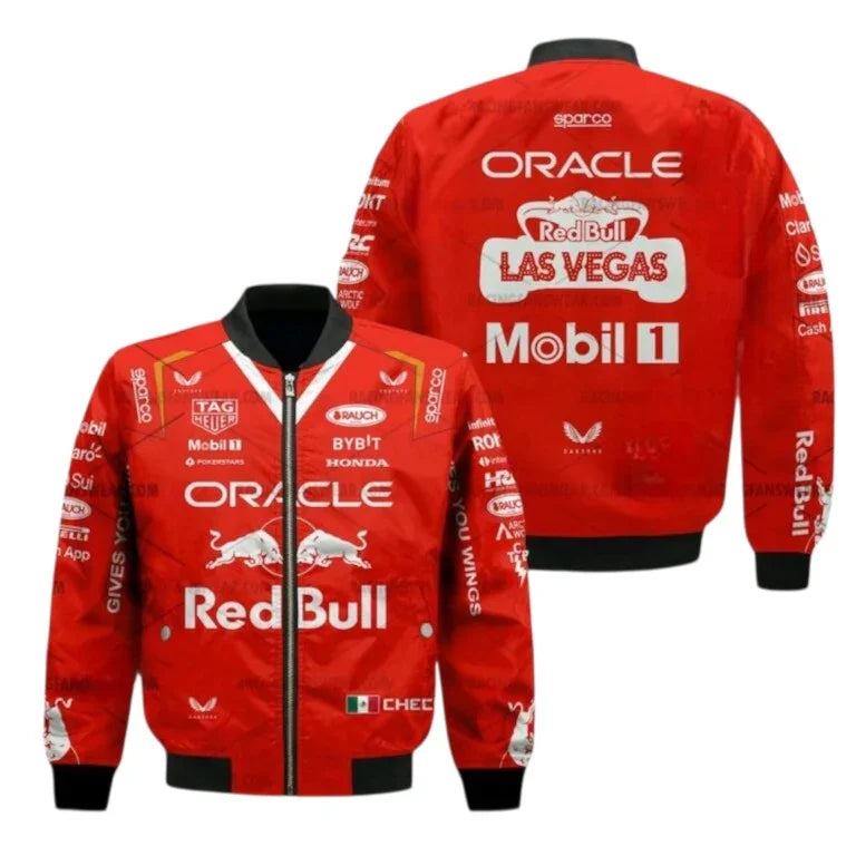 Red jacket with Oracle, Red Bull, and Mobil 1 branding on a white background