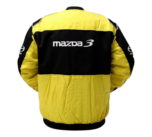 Yellow and black jacket with Mazda 3 logo on a white background