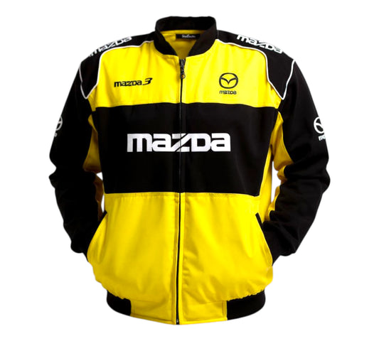 Yellow and black jacket with Mazda logos on a white background