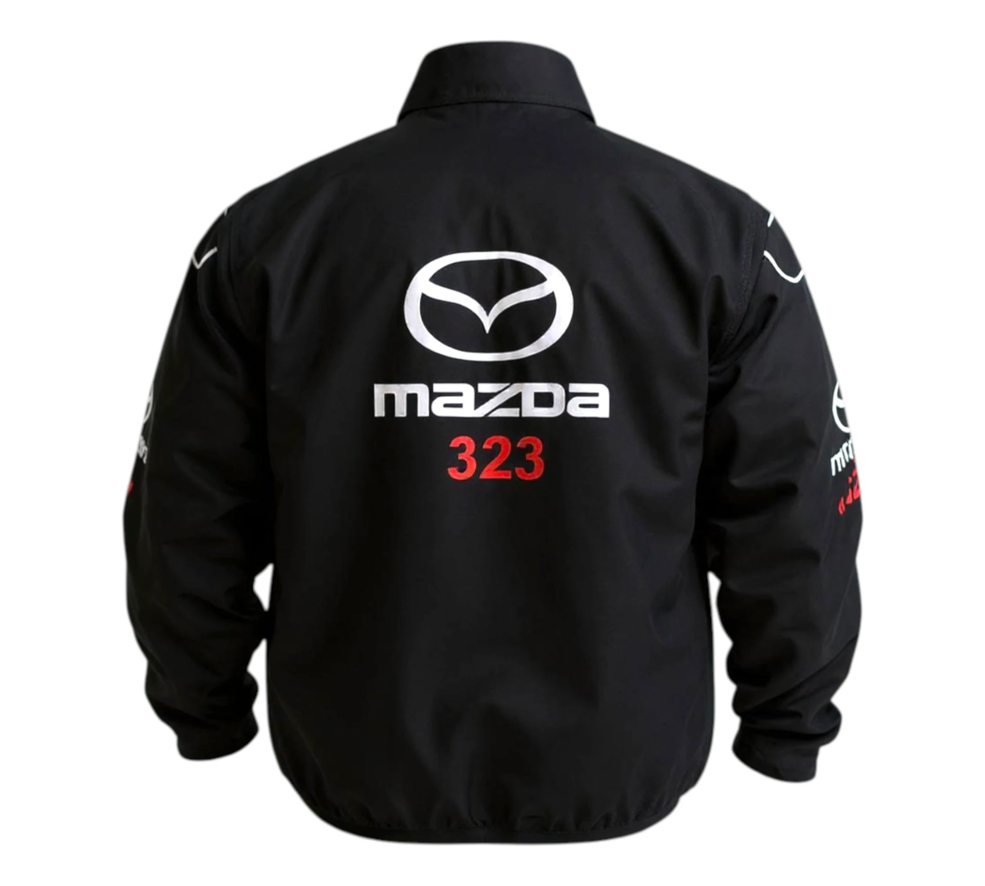 Black jacket with Mazda logo and '323' on a white background