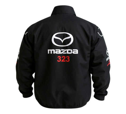 Black jacket with Mazda logo and '323' on a white background