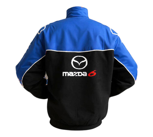 Blue and black jacket with Mazda logo on a white background