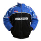 Blue and black jacket with Mazda logos on a white background