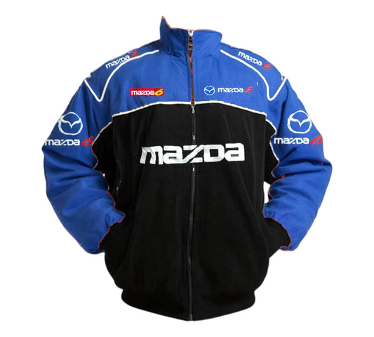 Blue and black jacket with Mazda logos on a white background