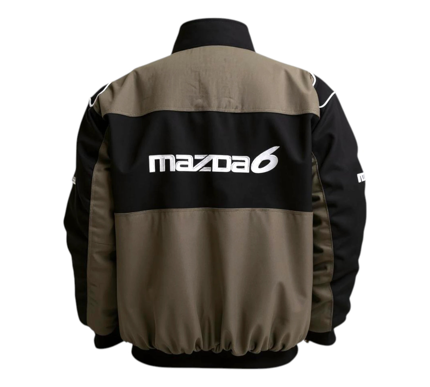 Brown and black jacket with 'mazda6' logo on a white background