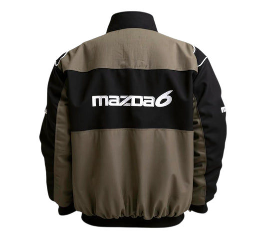 Brown and black jacket with 'mazda6' logo on a white background