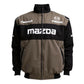Brown and black jacket with Mazda logos on a white background