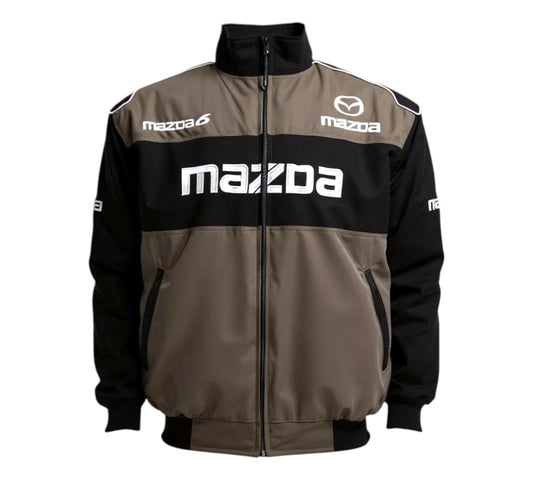 Brown and black jacket with Mazda logos on a white background