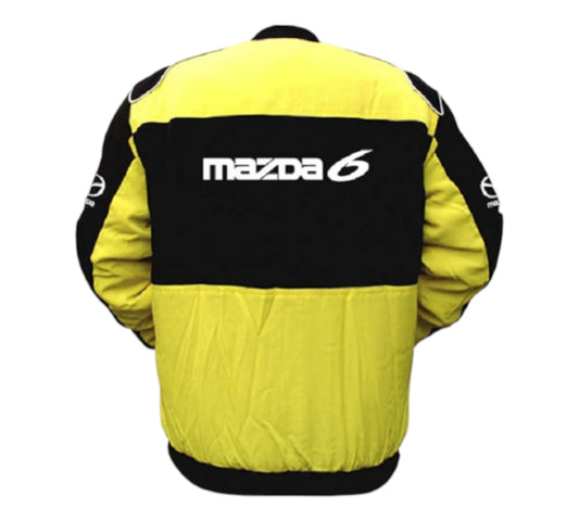 Yellow and black jacket with 'mazda 6' branding on a white background