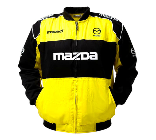 Yellow and black Mazda jacket on a white background