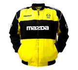 Yellow and black Mazda jacket on a white background