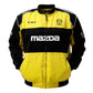 Yellow and black Mazda jacket on a white background