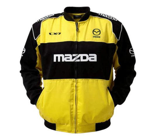 Yellow and black Mazda jacket on a white background