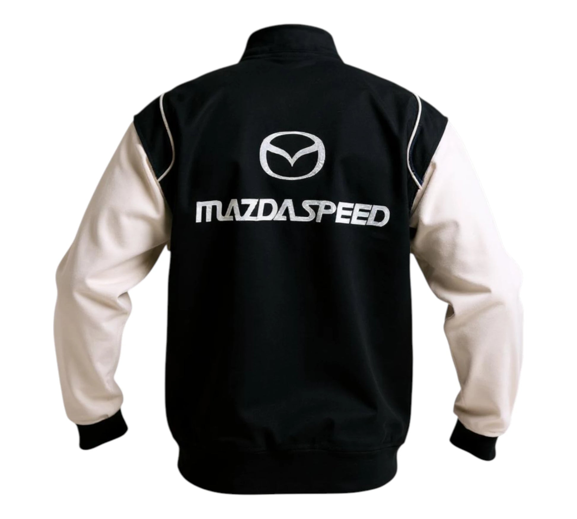 Black and white jacket with MazdaSpeed logo on a white background
