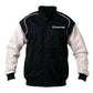 Black and white jacket with a logo on a white background