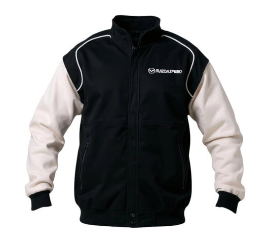 Black and white jacket with a logo on a white background