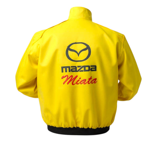 Yellow jacket with Mazda logo and 'Miata' text on a white background