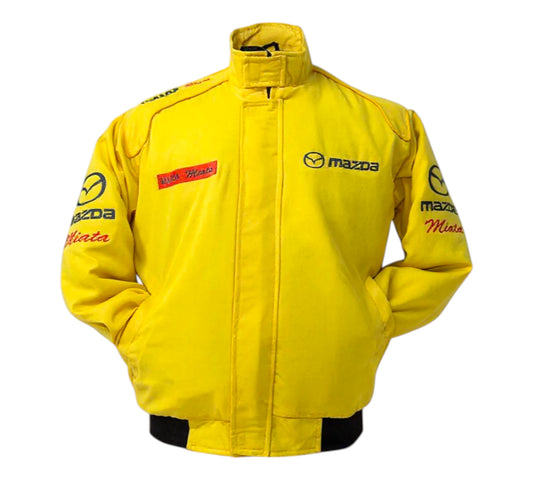 Yellow jacket with Mazda logos on a white background