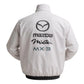 White jacket with Mazda logo and text on a white background