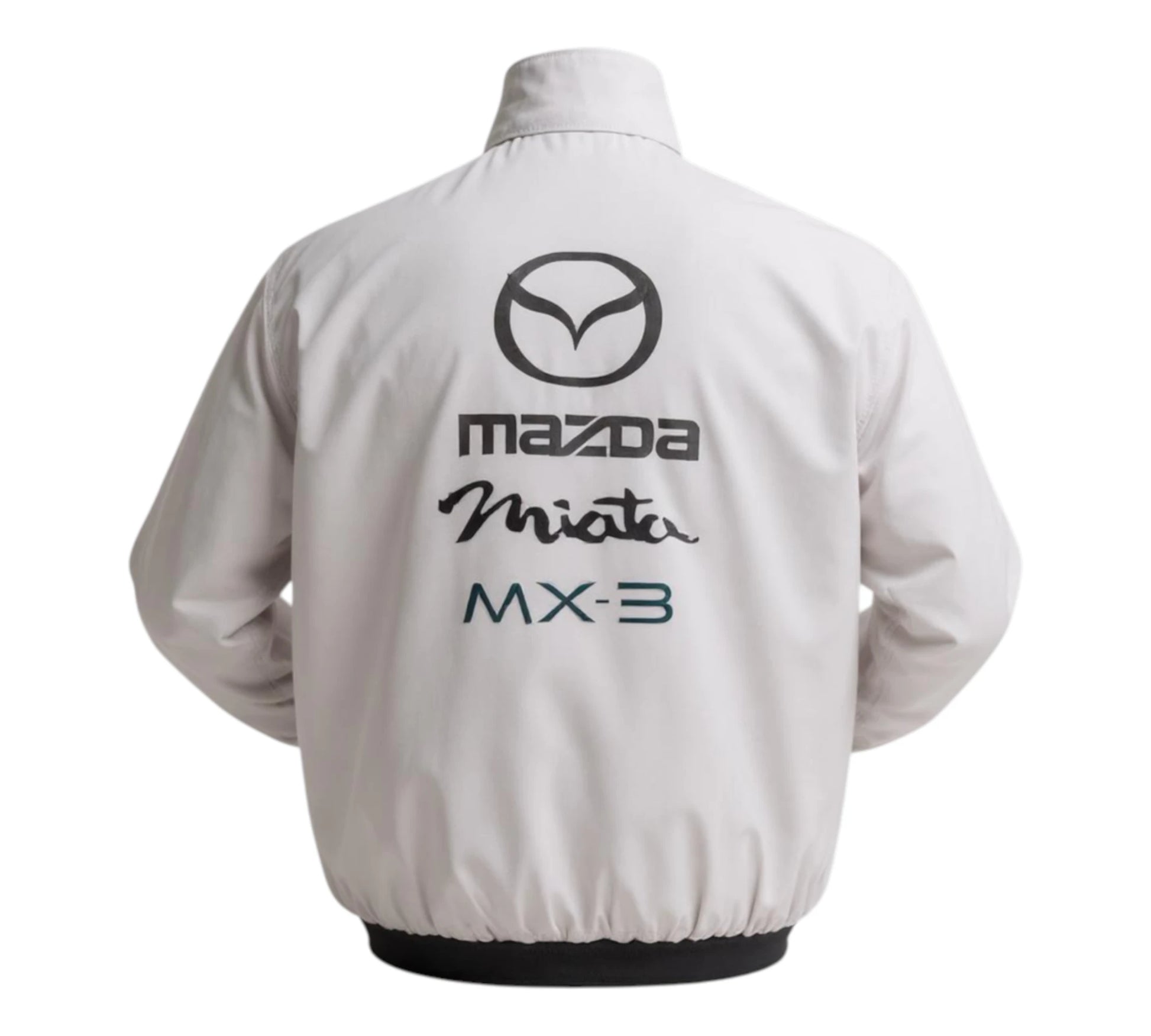White jacket with Mazda logo and text on a white background