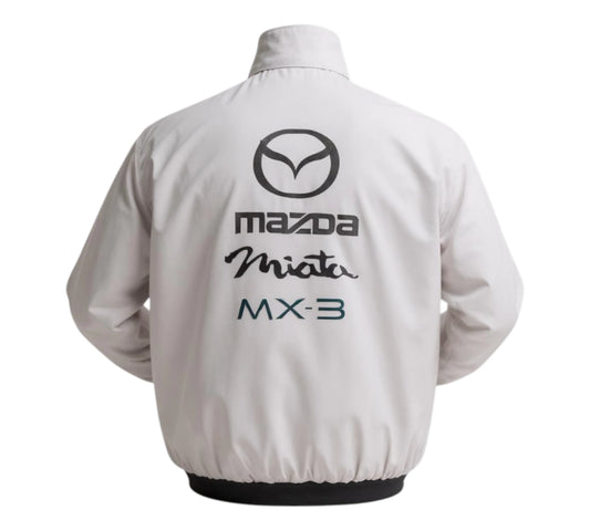 White jacket with Mazda logo and text on a white background