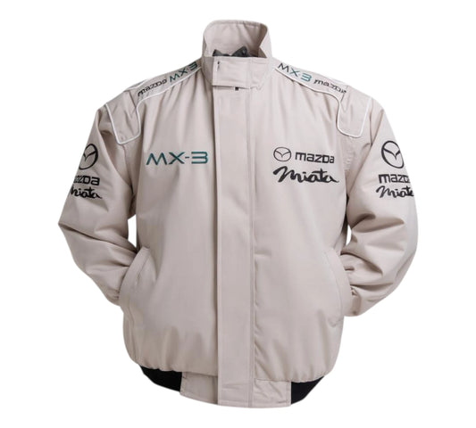 Beige racing jacket with Mazda logos on a white background