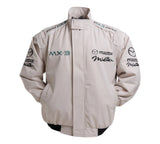 Beige racing jacket with Mazda logos on a white background