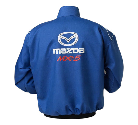 Blue jacket with Mazda logo on the back against a white background