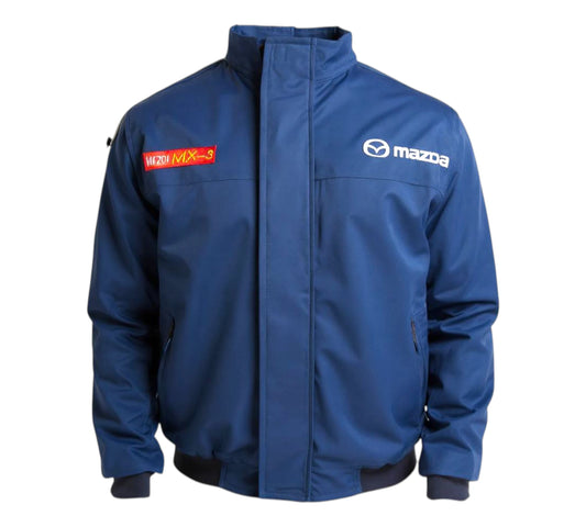 Blue jacket with Mazda logo on a white background