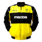 Yellow and black Mazda jacket with branding on a white background