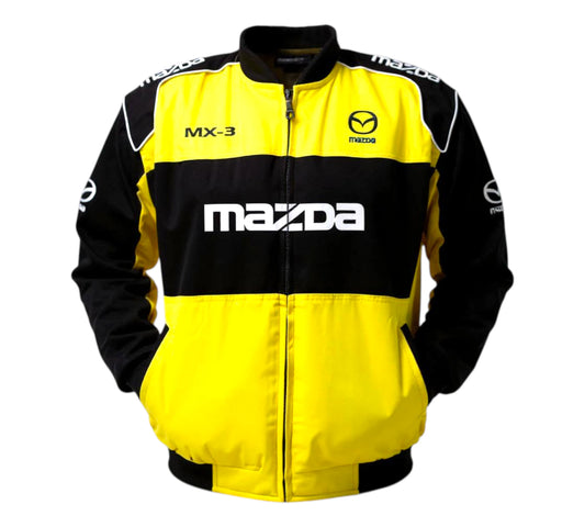 Yellow and black Mazda jacket with branding on a white background