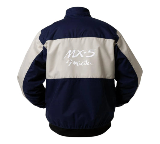 Navy and beige jacket with 'MX-5' branding on a white background