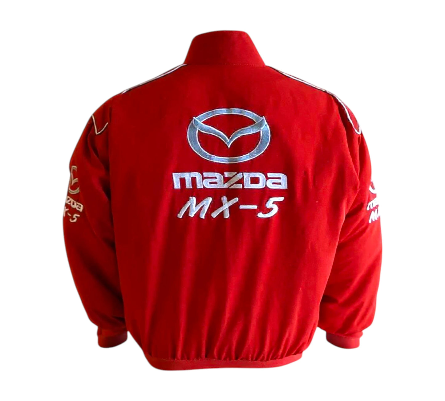 Red jacket with Mazda logo and 'MX-5' text on a white background