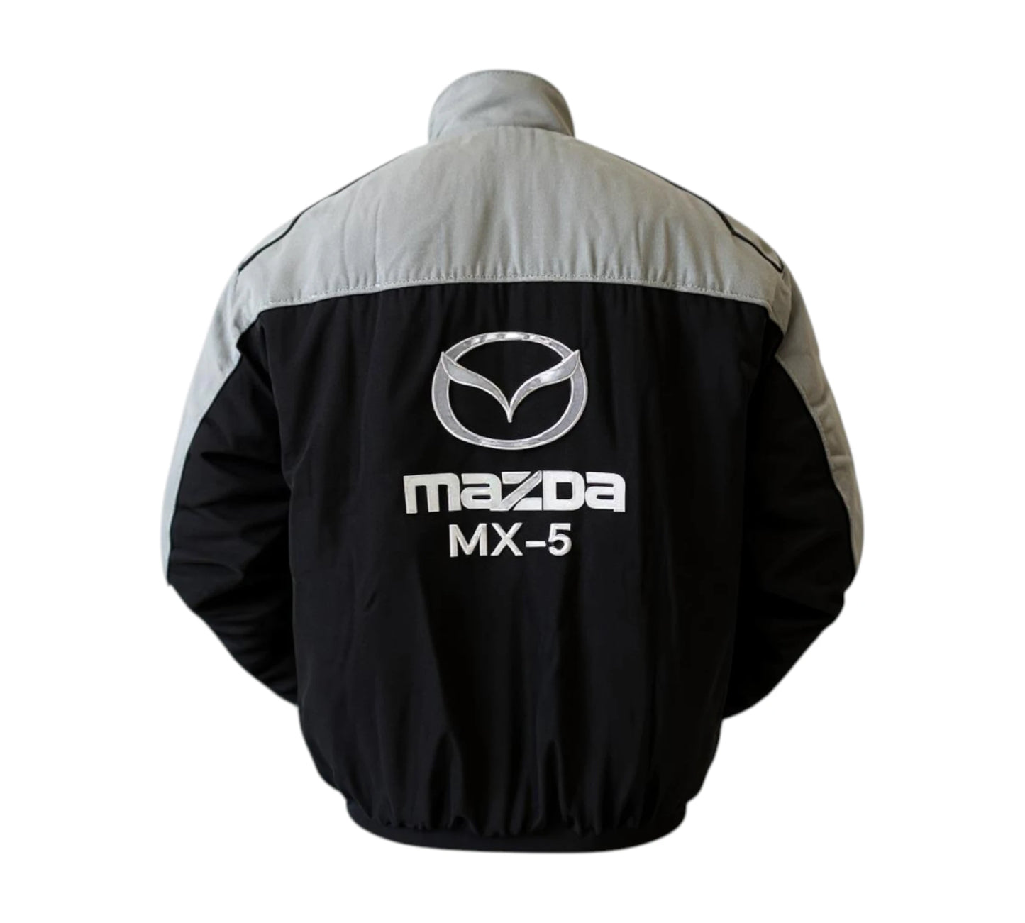 Black and gray jacket with Mazda logo on a white background
