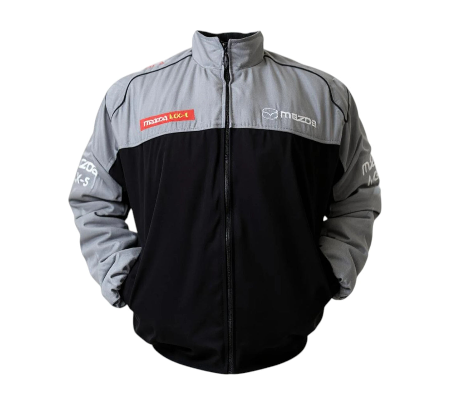 Gray and black jacket with Mazda logos on a white background