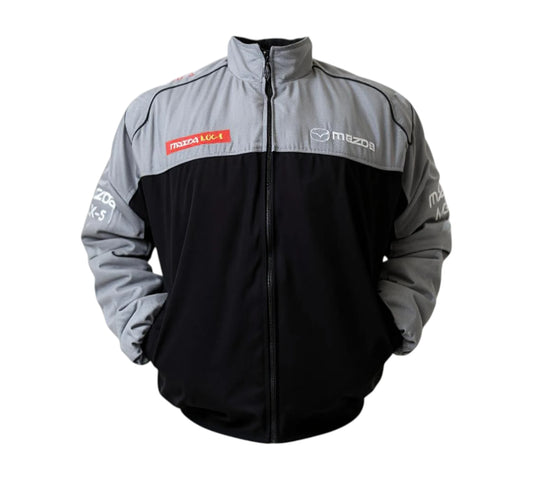 Gray and black jacket with Mazda logos on a white background